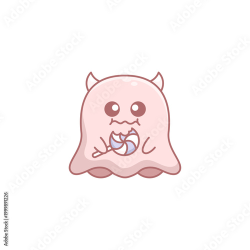 Cute Ghost Eating Lollipop Cartoon Illustration