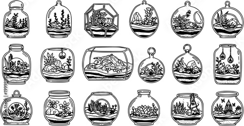Black and White Line Art Terrarium Collection - Nature, Plants, and Miniature Ecosystems