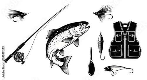 Quadro su tela Fishing Gear and Trout Illustration - Rod, Reel, Lures, Vest, and Fish