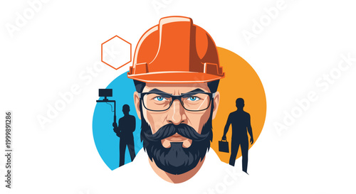 Portrait of a confident construction engineer in a hard hat and glasses with silhouetted workers in the background.