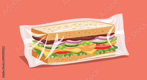 Delicious multi layered sandwich with turkey, cheese, lettuce, and tomato wrapped in clear plastic packaging on a solid coral background.