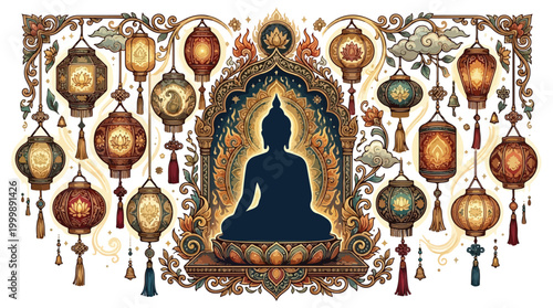 Dharmachakra Wheel of Dharma Symbol with Buddha Silhouette Center Line Art.