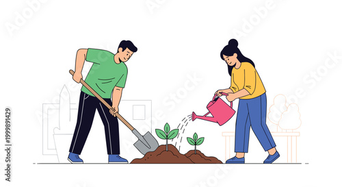 Happy couple working together in a garden where a man is digging soil with a shovel and a woman is watering seedlings with a pink can.