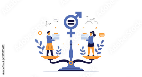 Gender equality concept featuring a man and a woman standing on a balanced scale under a combined male and female symbol icon.