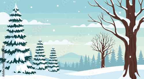 Serene winter landscape featuring snow covered evergreen trees and a bare deciduous tree in a quiet forest under a pale blue sky.