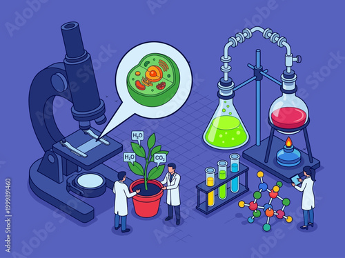 Isometric Plant Biology Laboratory Research Illustration with Scientists and Cell Structure