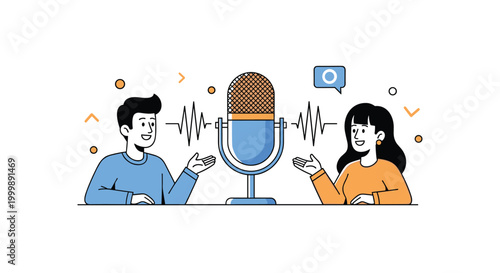 Professional podcast recording setup with a man and woman speaking into a central microphone with sound waves and digital icons.