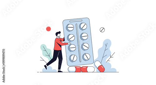 Illustration of a man pushing a giant blister pack of medical pills towards a pile of capsules to show healthcare needs.