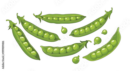 Selection of fresh green pea pods some split open to reveal round peas and individual peas scattered around in a natural arrangement.