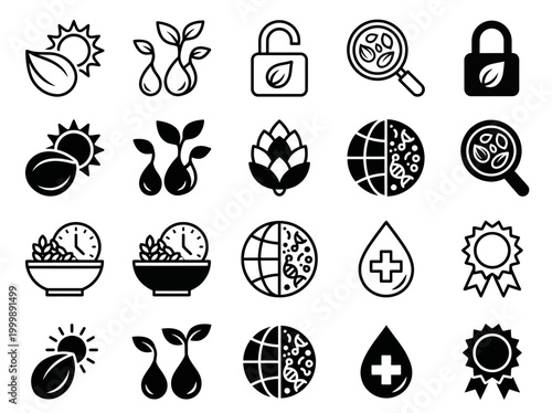 Sustainable Agriculture and Plant Biotechnology Icon Set for Science and Research