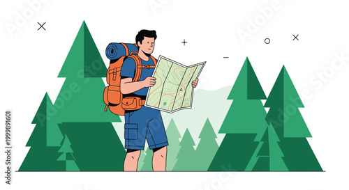 Adventurous hiker with a large orange backpack examining a paper map while standing among green pine trees in a mountain forest.