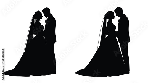Elegant wedding couple embracing a striking black figure silhouette