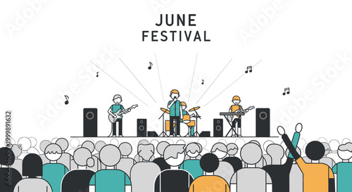 Rock band performs for a cheering crowd at a June festival.