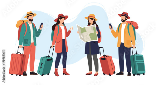 Group of diverse travelers prepared for a trip with suitcases, backpacks, and maps while checking their mobile phones for navigation.