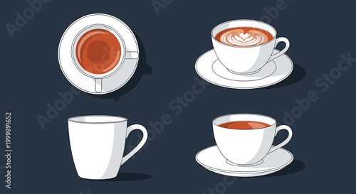 Various perspectives of coffee and tea cups including top-down views with latte art and side profiles of elegant white ceramic mugs.
