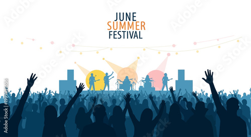 Summer music festival crowd cheering for a band on stage.