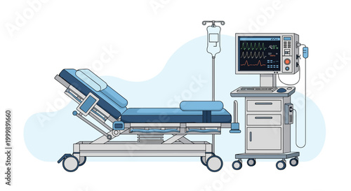 Modern hospital patient room equipped with an adjustable medical bed, heart rate monitor, and intravenous infusion stand for healthcare.