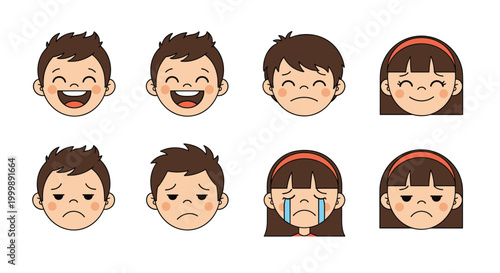 Set of eight expressive cartoon faces of a young boy and girl depicting various emotions like happiness, sadness, boredom, and crying.