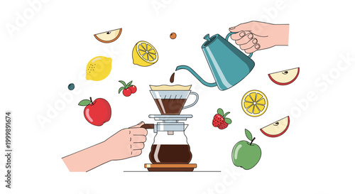 Hand pouring water over a coffee drip filter in a glass pot surrounded by artistic illustrations of fresh colorful fruits and berries.