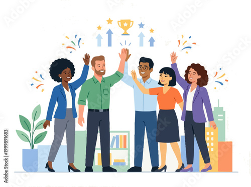 Diverse business people celebrating success with high five