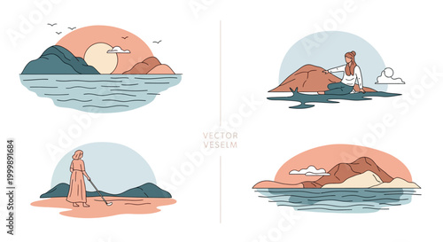 Illustration of women enjoying nature and activities in a serene landscape.