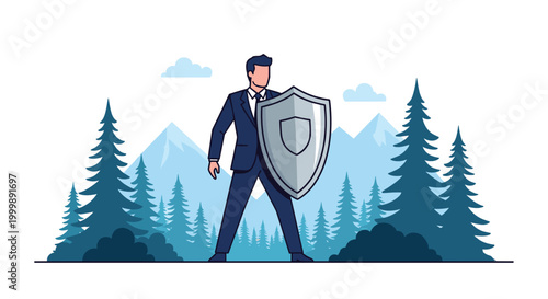 Brave professional man in formal business suit holding large silver shield for protection in front of forest and mountain landscape.
