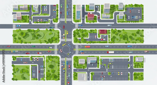 Aerial view of a busy city intersection with traffic and buildings.