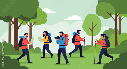 Group of diverse hikers exploring a lush green forest with backpacks, maps, walking sticks, and a camera for photography.