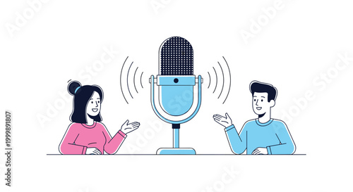 Man and woman recording a podcast or radio show sitting in front of a large microphone on a white background.