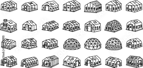 Greenhouse Line Art Icons Set - Agriculture, Gardening, Farming, Botany, Botanical Garden, Plants, Horticulture