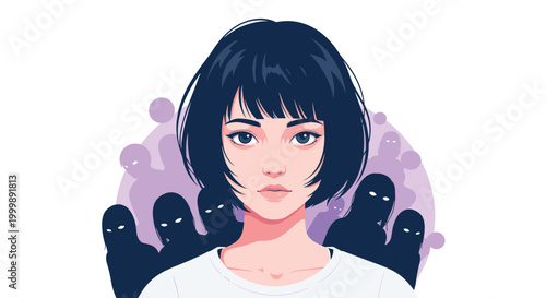 Serious young woman with black bob hair looking forward while surrounded by dark shadowy figures with glowing eyes in background.