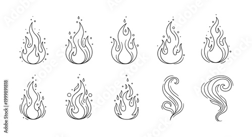 Set of black and white line art illustrations depicting various shapes of fire flames and rising smoke plumes.