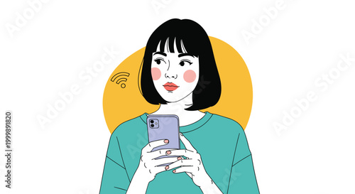 Young woman with short black hair and rosy cheeks holding her smartphone with wifi symbol appearing against yellow circle.