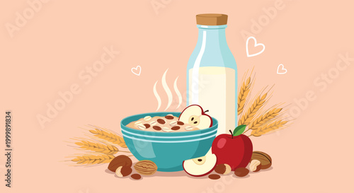 Healthy breakfast composition featuring a bowl of hot oatmeal, a glass bottle of milk, fresh apples, nuts, and wheat stalks.
