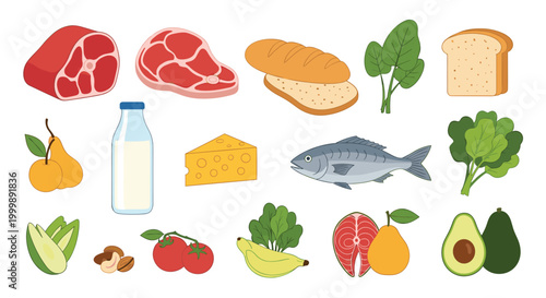 Wide selection of healthy food items including meat, fish, bread, milk, cheese, fruits, vegetables, and nuts for a balanced diet.