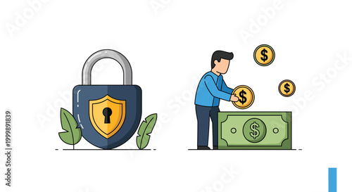 Concept of financial security showing a large padlock with a shield and a man saving money into a large banknote box.
