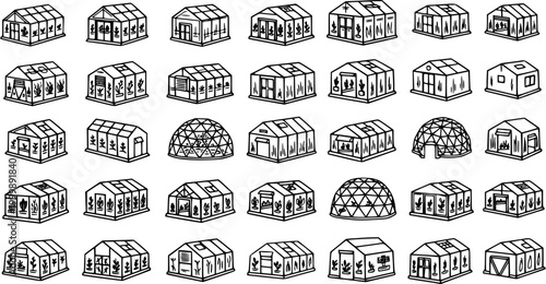 Black and White Line Art Illustrations of Various Greenhouse Designs for Agriculture and Gardening