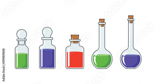 Row of five chemical laboratory flasks of various shapes and sizes containing green, blue, and red liquids on white.