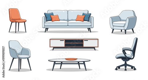 Selection of modern home furniture including a sofa, armchairs, dining chair, office chair, coffee table, and media console.