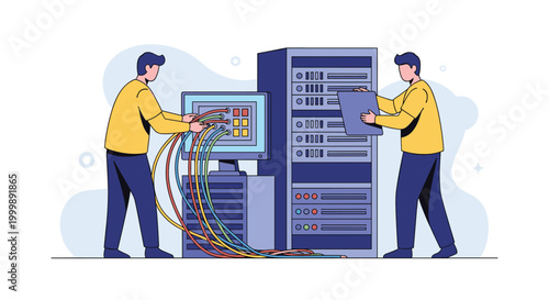Professional IT technicians working together to configure and maintain server hardware in modern data center facility equipment.