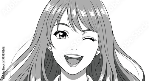 Black and white manga style illustration of a happy young girl with long hair winking and smiling at the viewer.