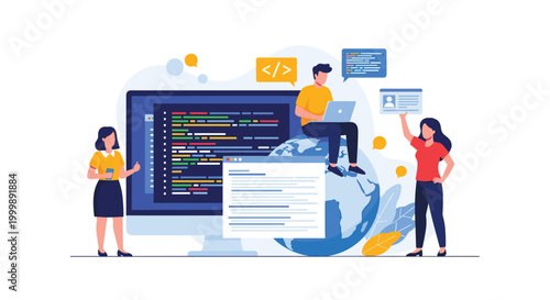 Team of developers working together to code and build software applications on computers with a globe in the background.