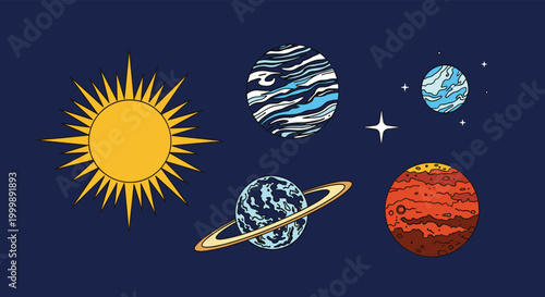 Illustration of the solar system showing the sun and various planets with different colors and textures on a dark blue background.
