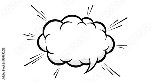 Classic empty white comic book speech or thought bubble with action lines on a plain white background for text.