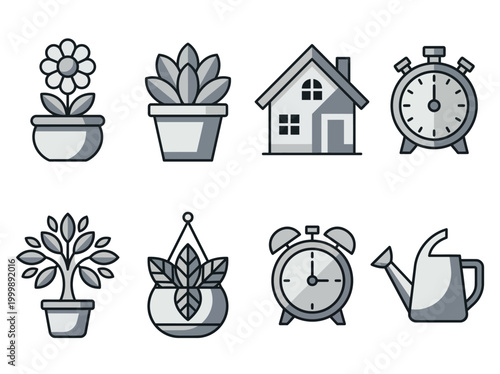 Home and Gardening Flat Line Icon Set with Potted Plants, House, Alarm Clocks, and Watering Can for Daily Routine and Lifestyle Design