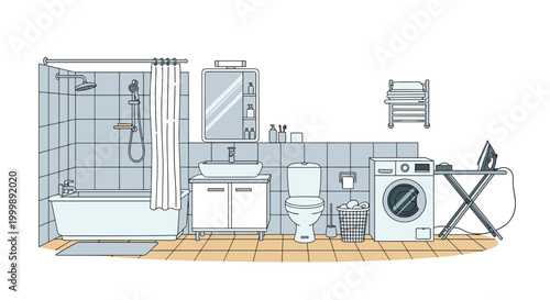 Complete interior view of modern bathroom with bathtub, shower, sink cabinet, toilet, washing machine, and ironing board set.