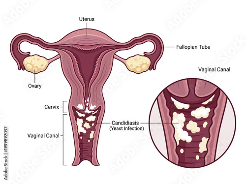 Medical Illustration of Female Reproductive System Showing Candidiasis Yeast Infection in the Vaginal Canal with Anatomical Labels