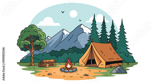 Peaceful camping scene featuring a tent, a campfire, and logs in a forest clearing with snow-capped mountains.