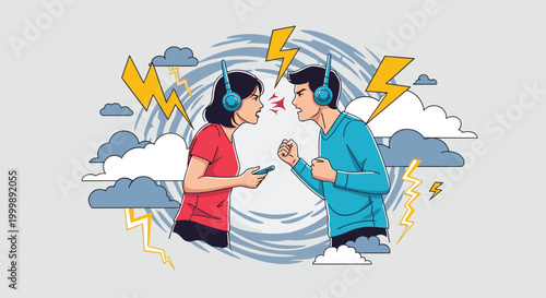 Illustration of a man and woman wearing headphones and arguing angrily amidst lightning bolts and swirling storm clouds.