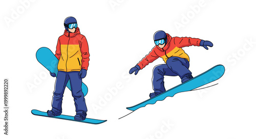 Male snowboarder shown in two poses standing with board and performing a jump in winter sports gear on white background.
